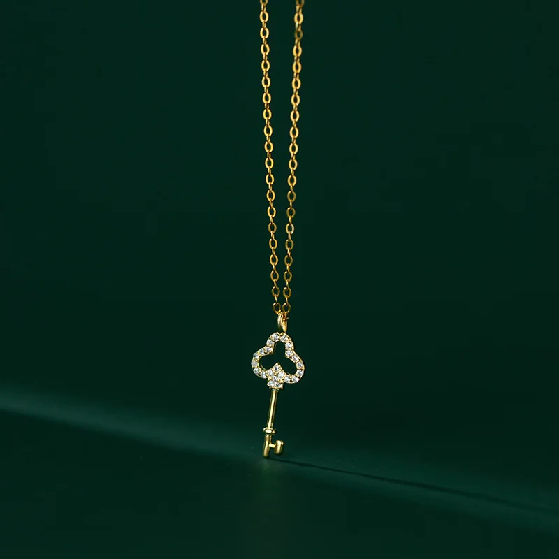 

fashion minimalist jewelry 925 sterling silver key diamond zircon pendant gold plated necklaces for women