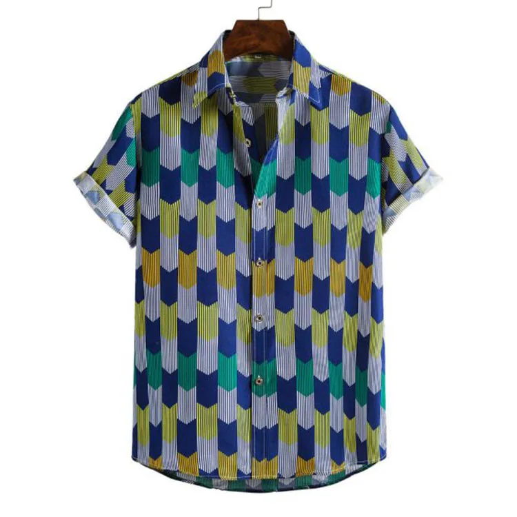 

Fashion Casual Men Stripes Shirts Printed Short Sleeve Turn-down Collar Slim Hawaiian Shirt Beachwear Blouse For Travel