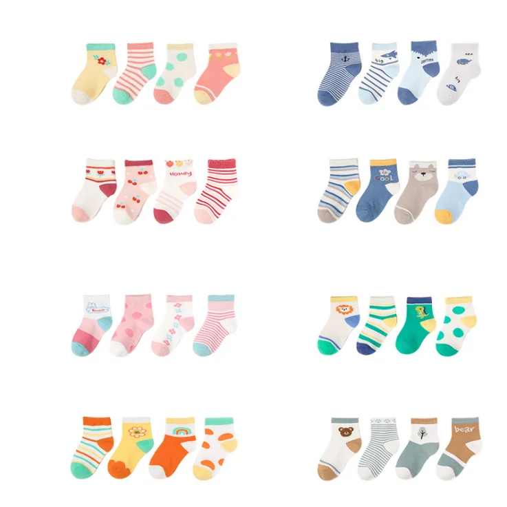 

New Designs 4 Pack Ankle Stripe kids Socks Boys Girls Soft Cotton Cartoon Cute baby socks set, 12 designs