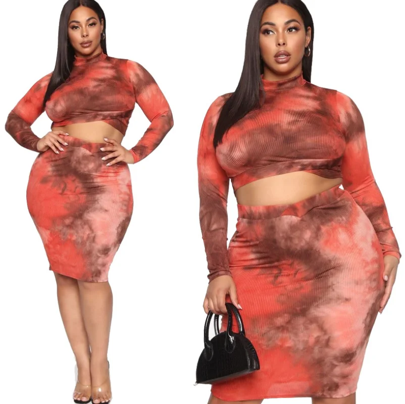 

2020 Newest Stylish Ladies Mock Neck Tie Dye Plus Size Long Sleeve Skirt Sets Women Two Piece Outfits, As picture