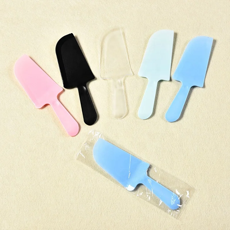 

Hot Selling Plastic Disposable Cake Cutter_ Knife_ Servers With Logo Printing, Black, pink, green, blue, transparent