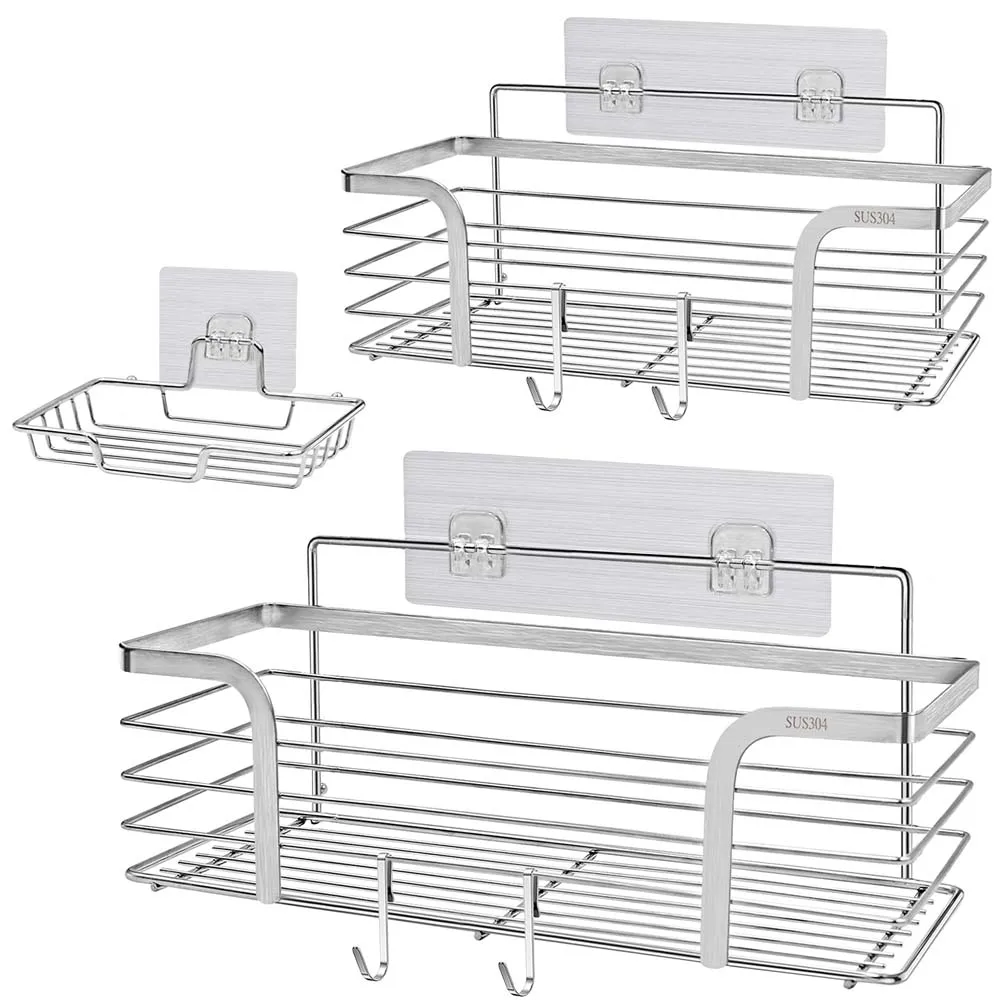 

ORR243 Shower Caddy Shelf Basket with Soap Dish and 4 Hooks Stainless Steel Shampoo Holder Wall Mounted Bathroom Organizer, Silver