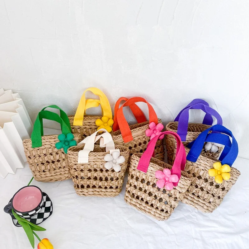 

Children's bag girls 2022 New Korean style candy color shoulder strap hand bag western style girl concave shape flower straw bag