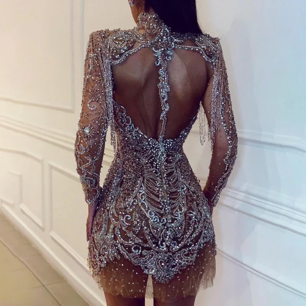 

2020 Sexy European and American sequined sexy dress with hollow back and long sleeve skirt dress, As picture