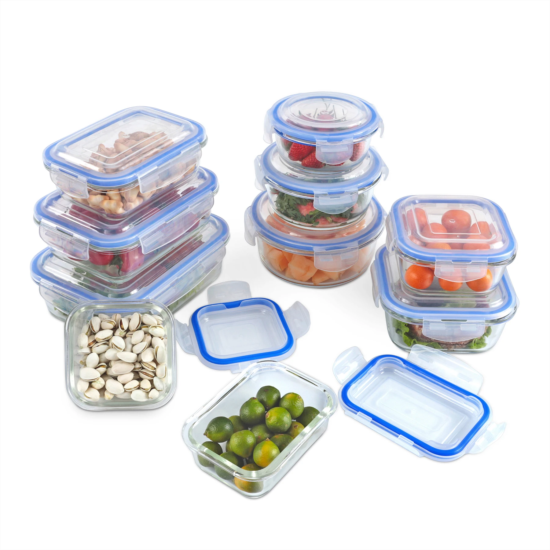

Professional high borosilicate food container brand boxes tempered glass lunch box, White blue