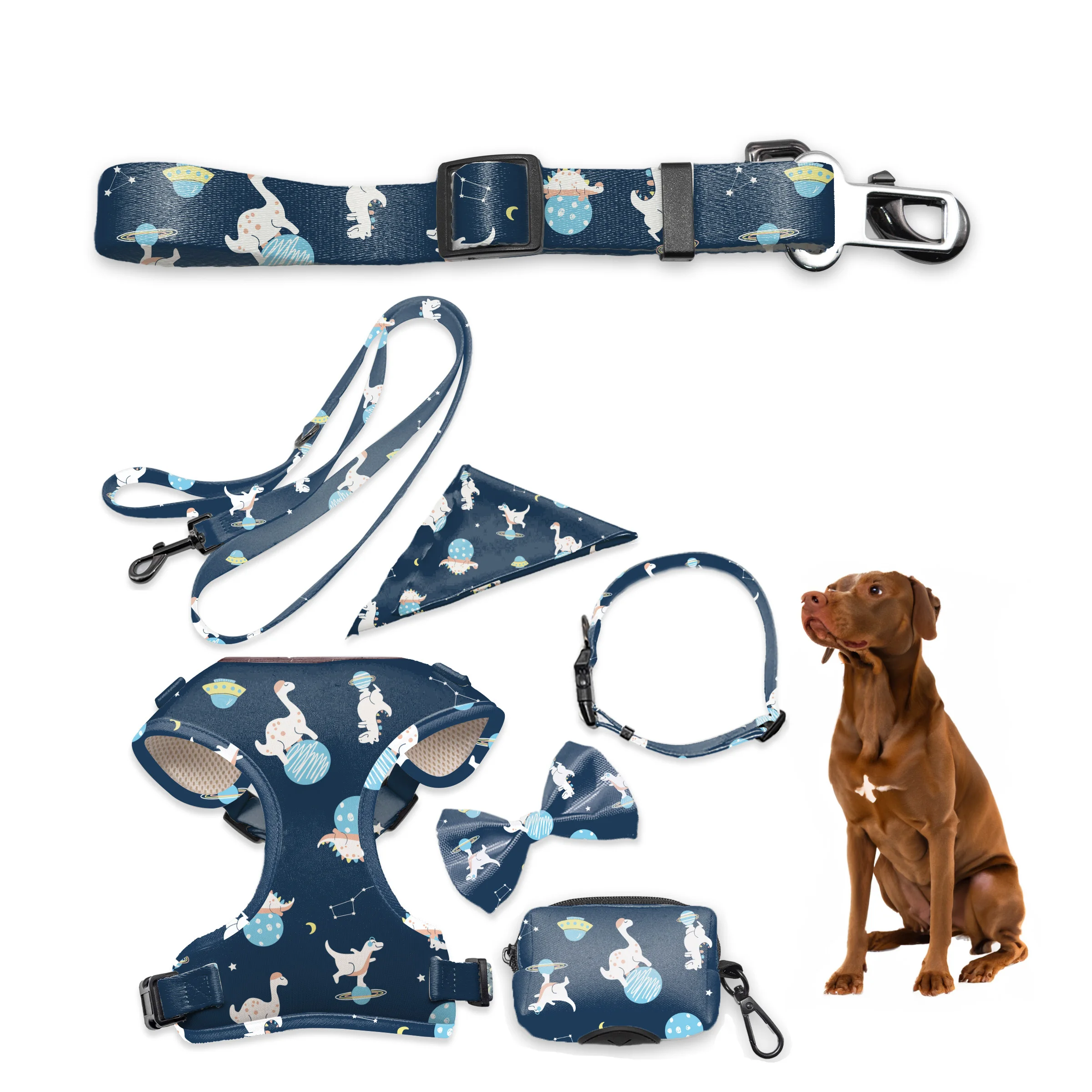 

wholesale harnais pour chien Custom Luxury arnes para perros Leash Collar Pet Poop Bag Bandana Breathable Mesh Dog Harness Set