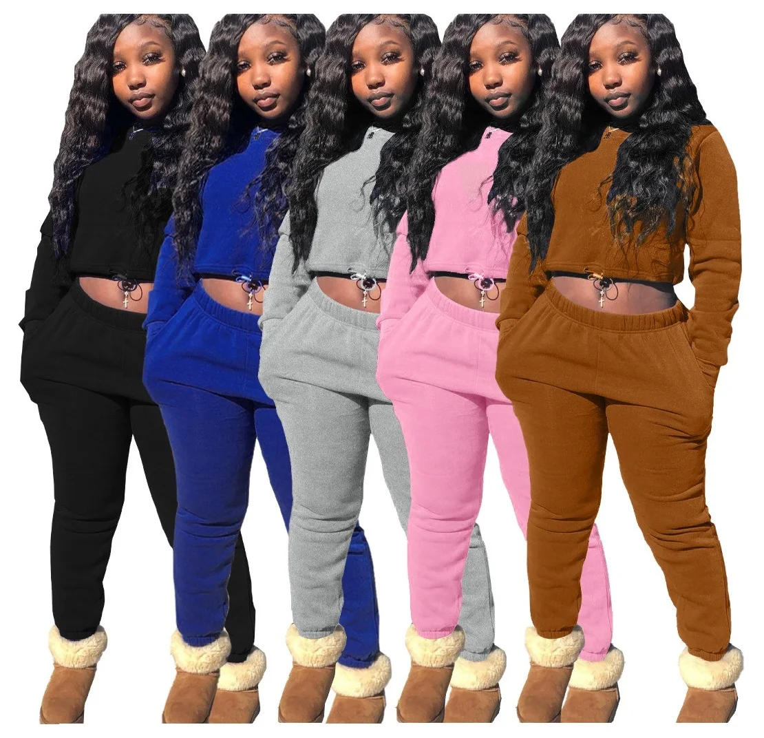 

Long Sleeve Blank Tshirt Crew Neck Pullover Women Fall Clothes High Waist Two Piece Leggings Set, Picture