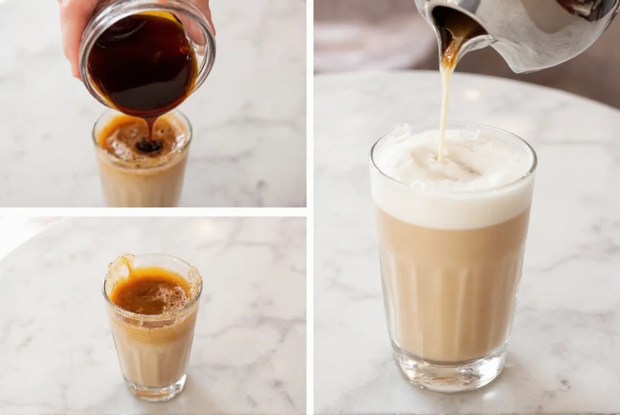 Step-by-step preparation of homemade cinnamon dolce latte showing espresso, syrup, and steamed milk being combined in a clear glass