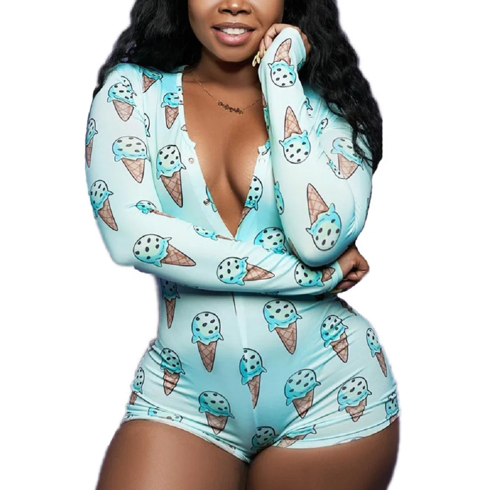 

2021 Wholesale fashion long sleeve deep v-neck tight printed sexy women pajamas onesie ladies nightwear