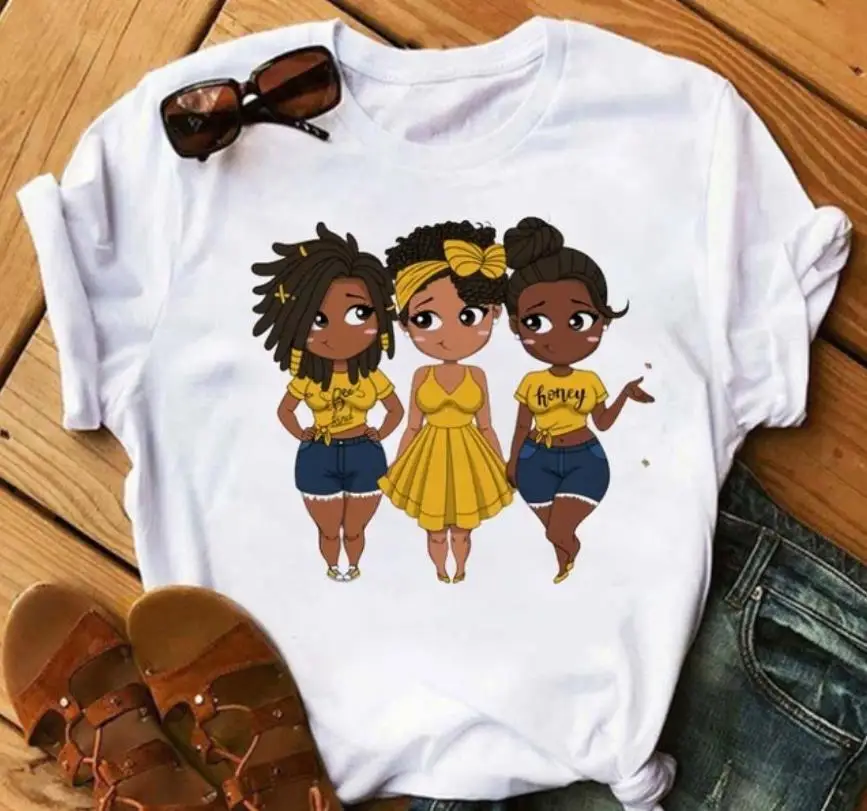 

Harajuku White African Curly Hair Girls Tshirt Women Cartoon Graphic Print Tops Female T-shirt Cute Tee Friends T Shirts