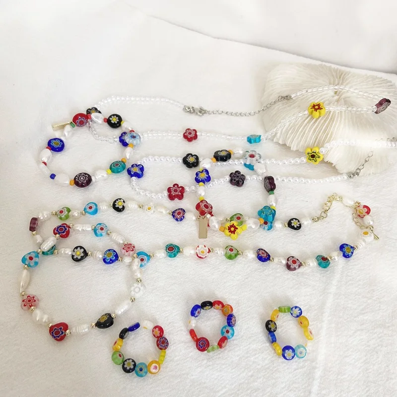

Korean Fashion Pearl Daisy Glazed Flower Rainbow Color Beaded Necklace Bracelet Ring Jewelry Set, As the picture