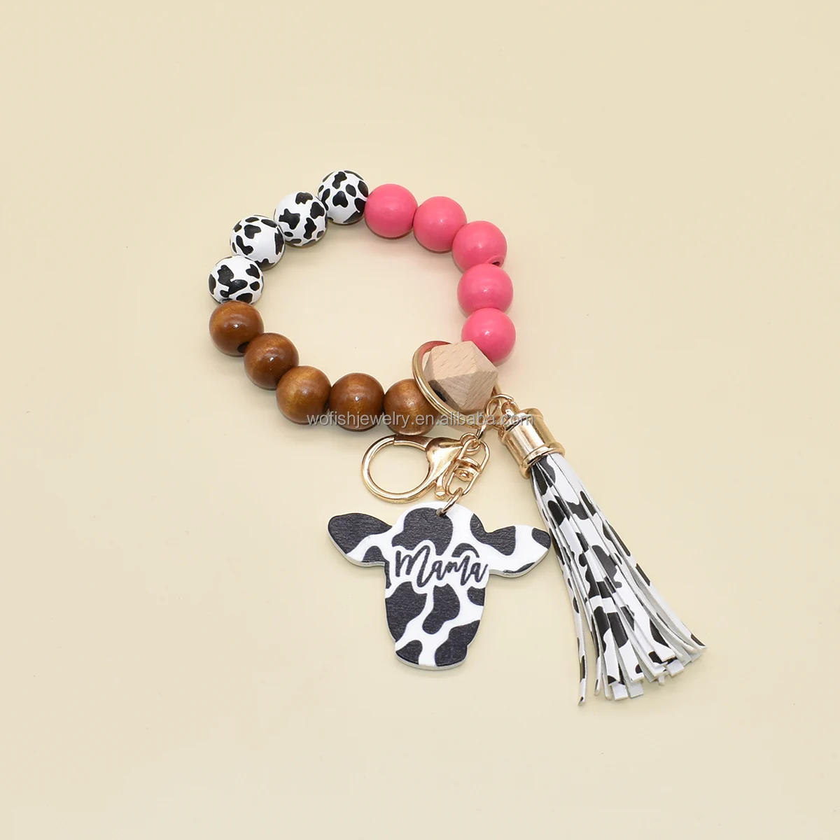 

Wofish Design Hot pink wooden beads stretch bracelet with cow head pendant wristlet keychain for MOM gifts