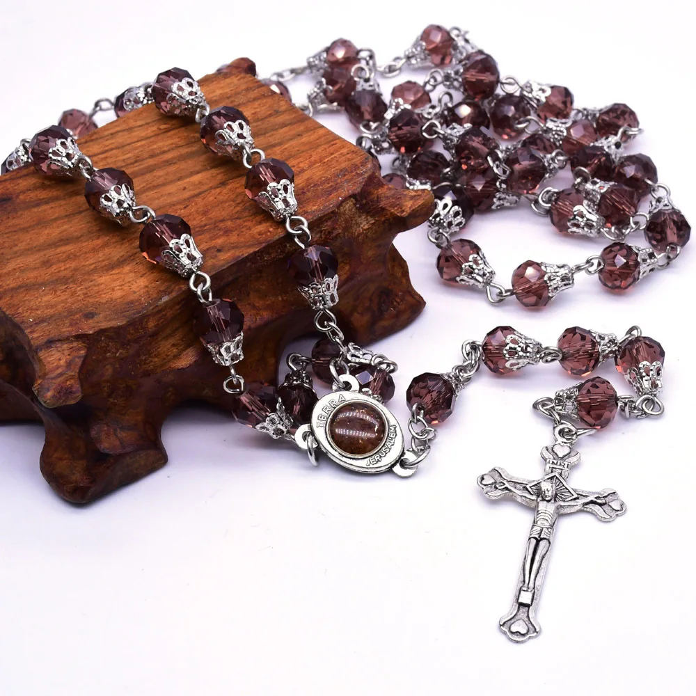 

Violet Crystal Rosary Jerusalem Jesus Cross Necklace Catholic