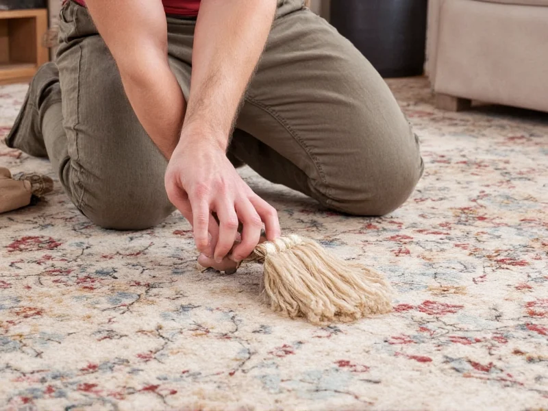Professional carpet cleaner inspecting wool rug