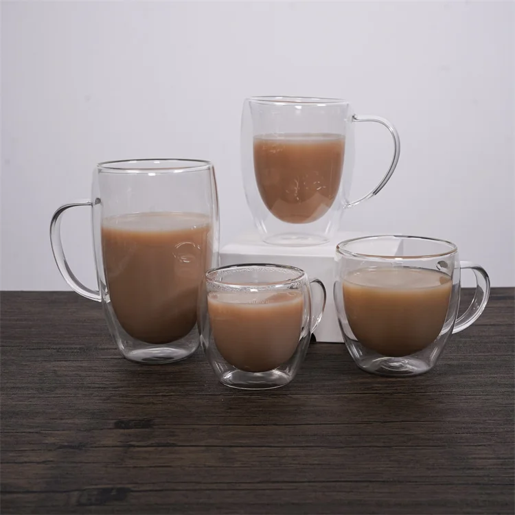 

Wholesale 100ml 200ml 300ml 400ml double walled glass coffee cups with handle