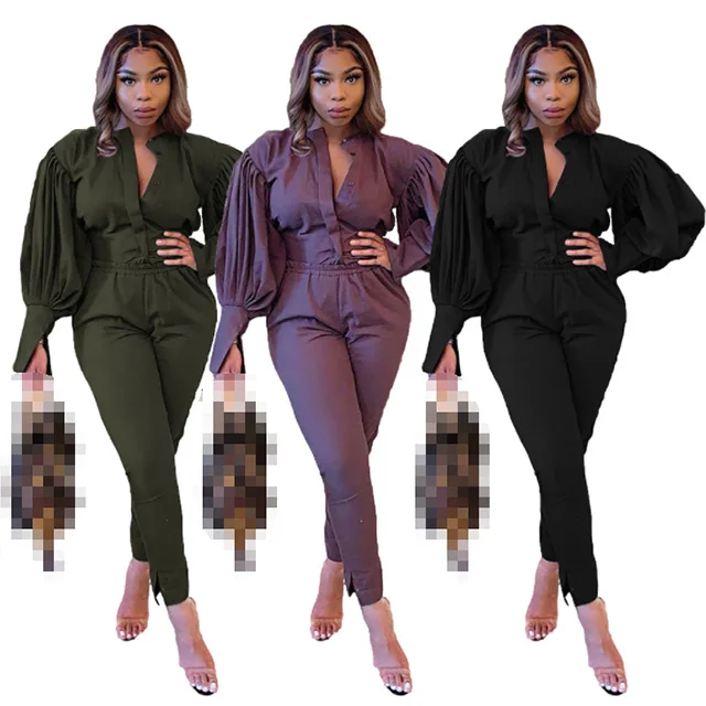 

New Fall Clothing Shirt And Pants Sets Women Puff Sleeve Blouse Plus Size Woman Two Piece Outfit, Purple,black,army green