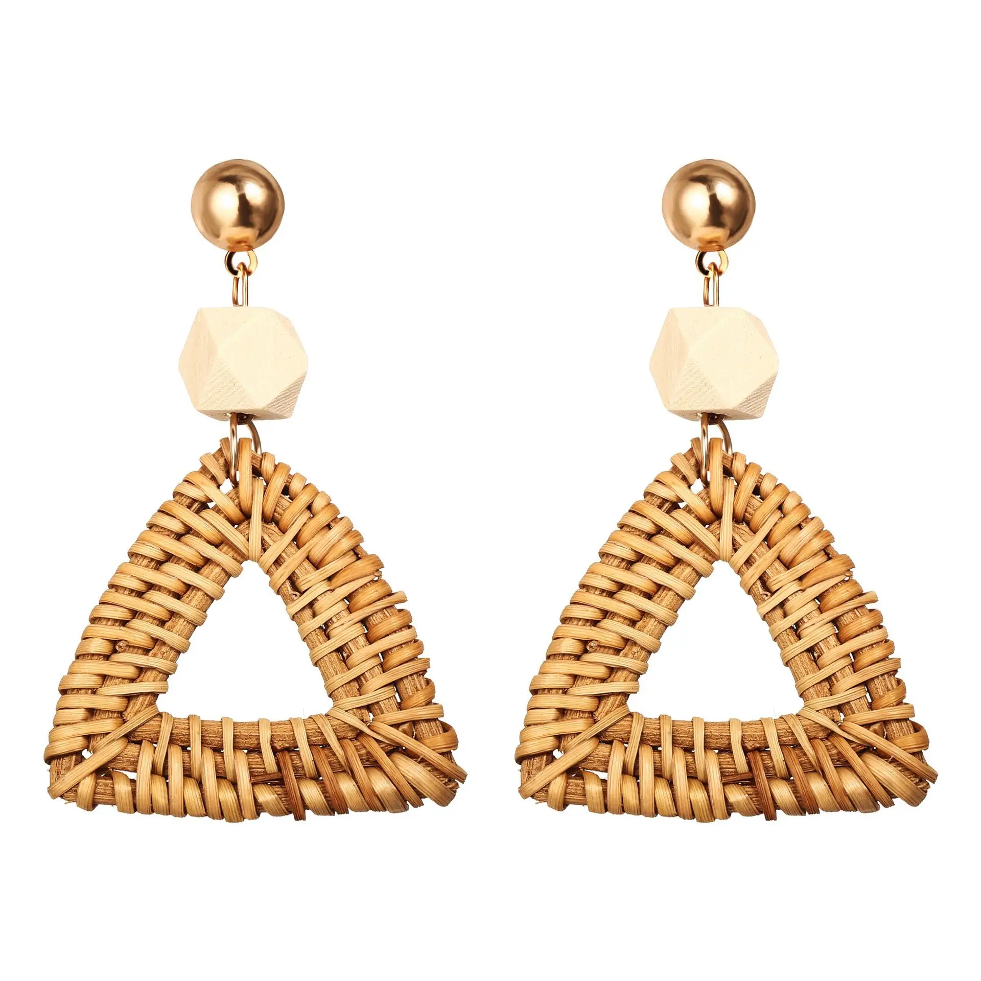 

Handmade Fashion Eco Friendly Bohemian Woman Geometric Triangle Boho Wooden Rattan Hoop Earrings