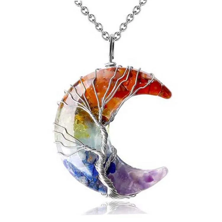 

Tree Life Crescent Moon Crystal Pendant Necklace Wire Wrapped Moon Healing Chakra Gemstone Pendant Jewelry for Women