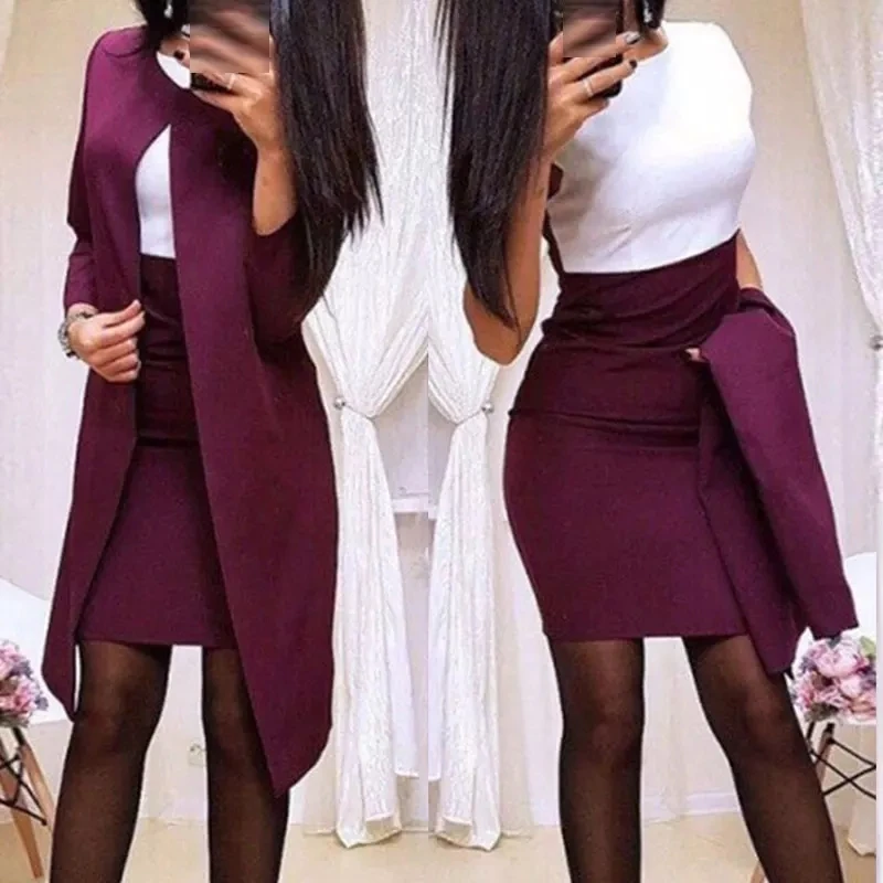 

New Sexy Formal Dress Suits Women Long Blazer Jacket+Sheath O-Neck Mini Dress office wear 2 Piece Female Sets Women Set Dress