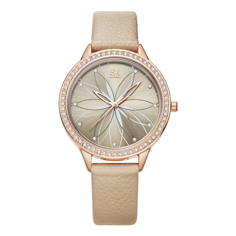 

SHENGKE 2021 New Flower Ladies Watch Dazzling Diamond Dial Alloy Watch Quality Leather Band Quartz Watches Custom Logo K0146L