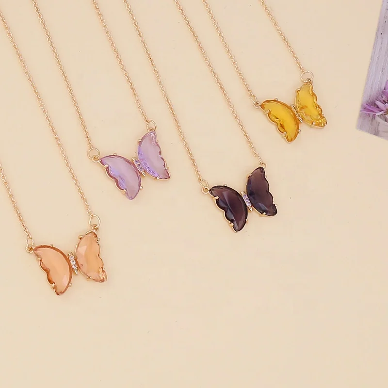 

Gold Plated Chain Colorful Pink Green Black Glass Charm Choker Butterfly Pendant Necklaces For Gift, As the pictures show