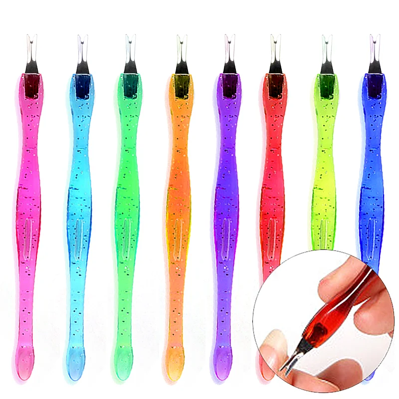 

Stainless Steel Shovel Head Trimmer Fork Nail Callus Remover File Dead Skin Push Plastic Oem Cuticle Pusher, Pink/blue/green/purple...etc(can be customized color)