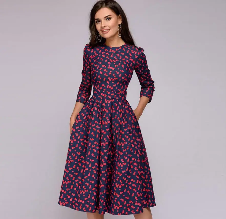 

Women Elegant 2021 Vintage Printed Party Apparel Three Quarter Sleeve Slim Dresses Women, Customized color