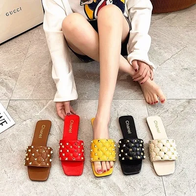 

SL-0027 Contracted Slim Thin Slippers Square Toes Wear Flip Flop Large Size Rivet Flats Slippers For Women, Yellow, red, black, beige, dark brown