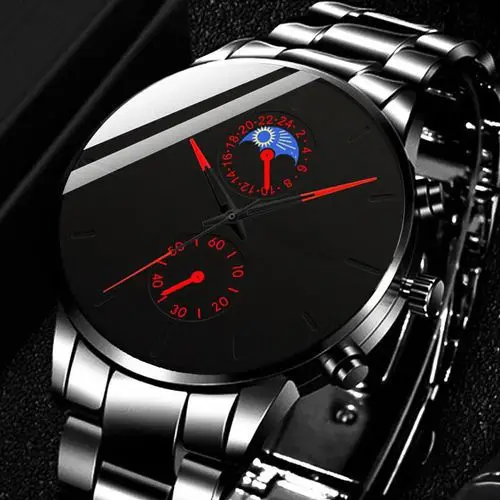 

2021 Montre Homme Fashion Men'S Watches Classic Black Stainless Steel Moonphase Display Quartz Watch Faux Chronograph Business S