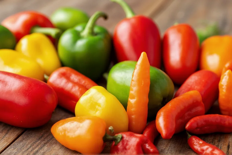 Close-up view of different fresh chili varieties arranged by color and size on wooden table