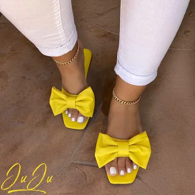 

F40819A ready to ship new style solid color bow tie flat shoe women's slippers women's sandals, As picture