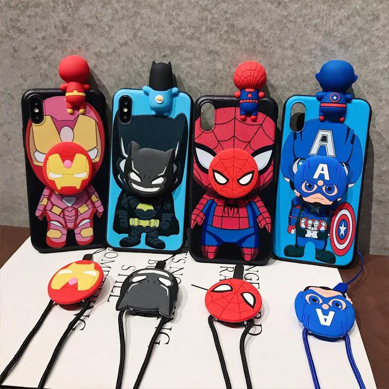 

For iPhone 11 11Pro Max Xs Max Xs 7 8 Superhero 3D Doll Strap Captain Stand Case Free Shipping, Colorful