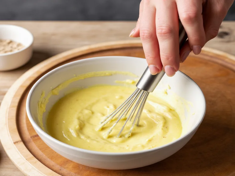 Hand whisking garlic aioli in ceramic bowl step by step