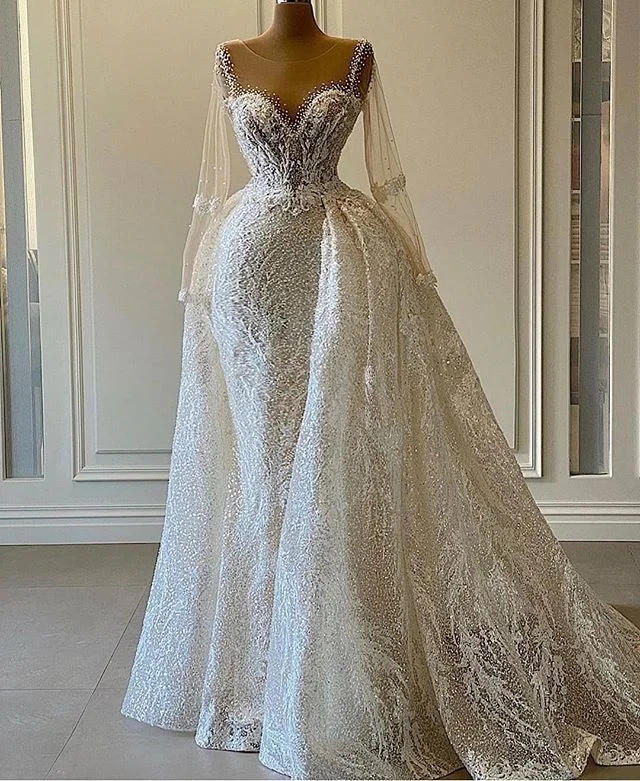 

FA272 Luxury Sparkly Wedding Dresses Mermaid Women Elegant African Bride Beaded Long Sleeves with Detachable Train Bridal Gown, Default or custom