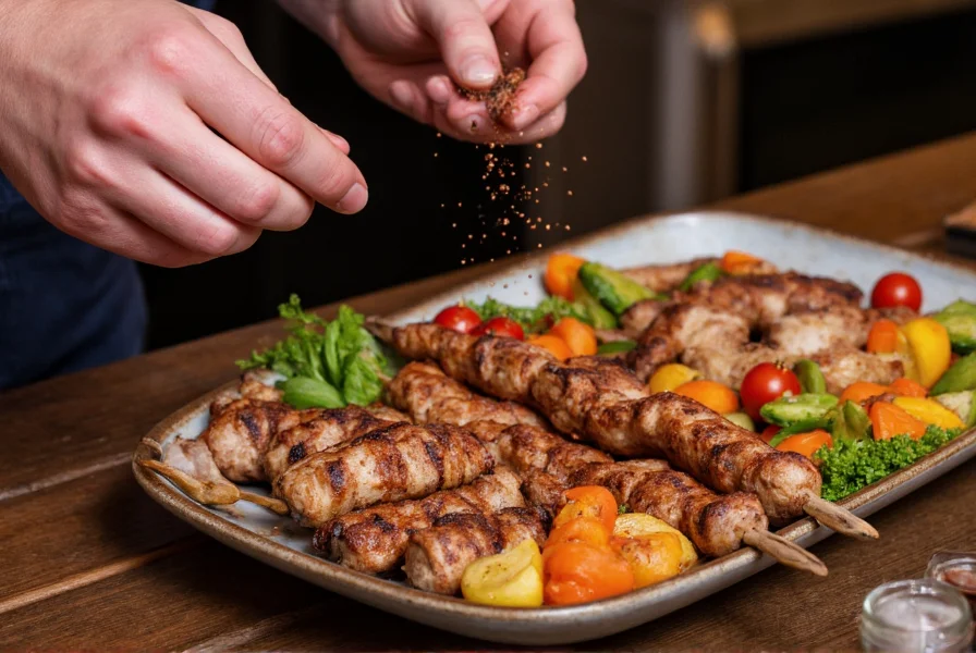 Chef sprinkling Urfa chili pepper on grilled Turkish kofta kebab