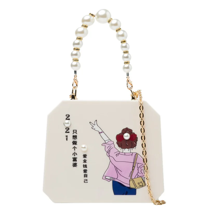 

Fashion printed acrylic box female bag 2021 new fashion pearl purse handbag chain trend clutch cross-body bag