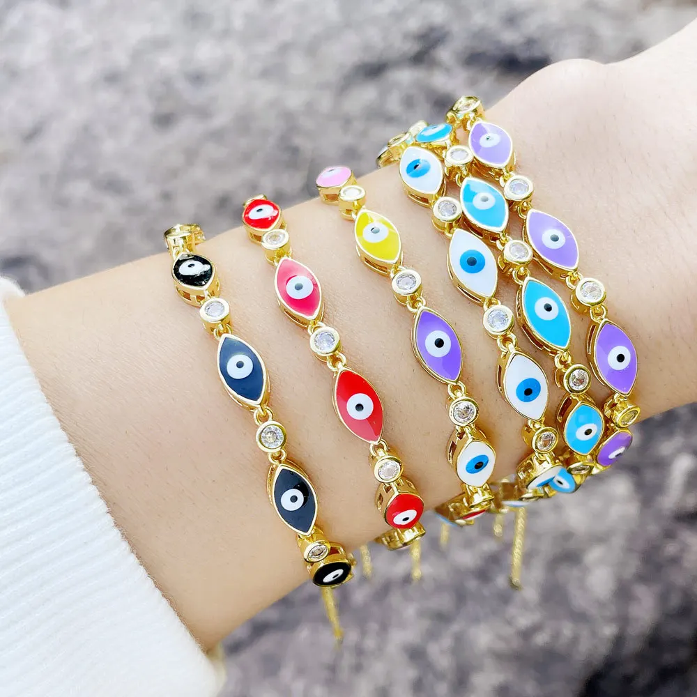 

Pofei Brand New Copper Gold Plated Diamond Bracelet Women's Charm Lucky Adjustable Jewelry Boho Blue Colorful Evil Eye Bracelet