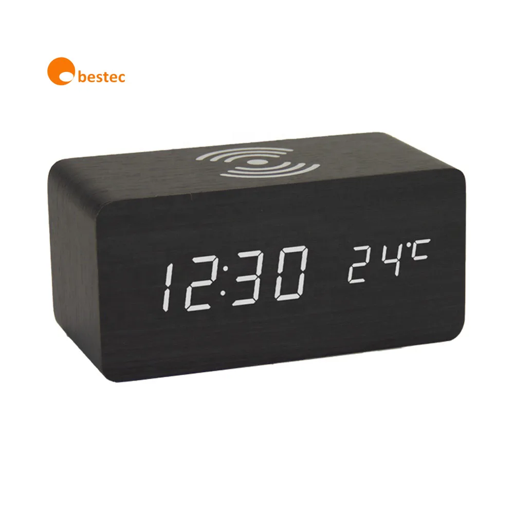 
Qi Fast Digital Led Alarm Clock Wooden Wireless Charger 
