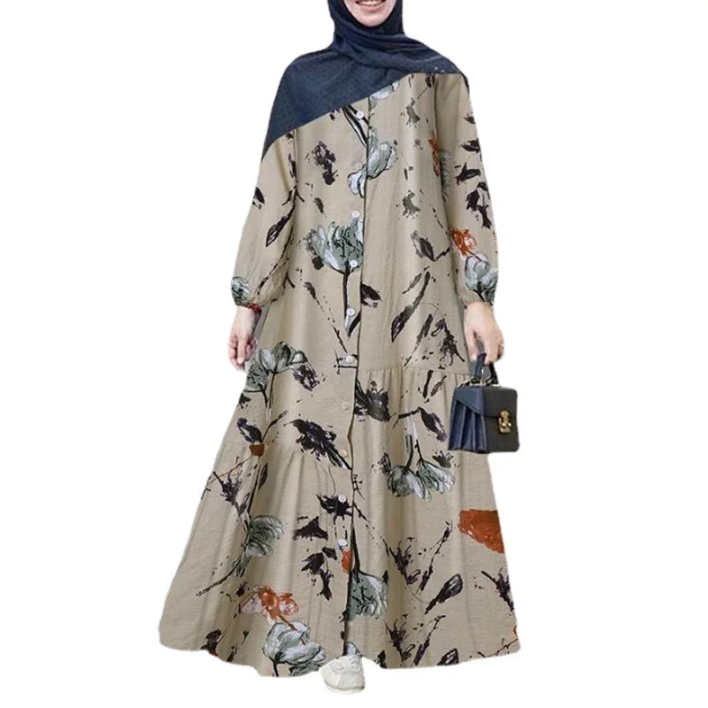 

Cotton Linen Print Round Neck Button Bubble Long Sleeve Elastic Cuff Fashion Loose Casual Dress