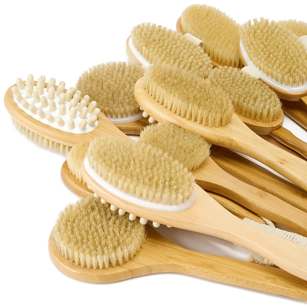 

Round Bamboo Handle Bath Brush Natural Bristle Brushes for Exfoliating Skin Improve Circulation dry body cleaning tool