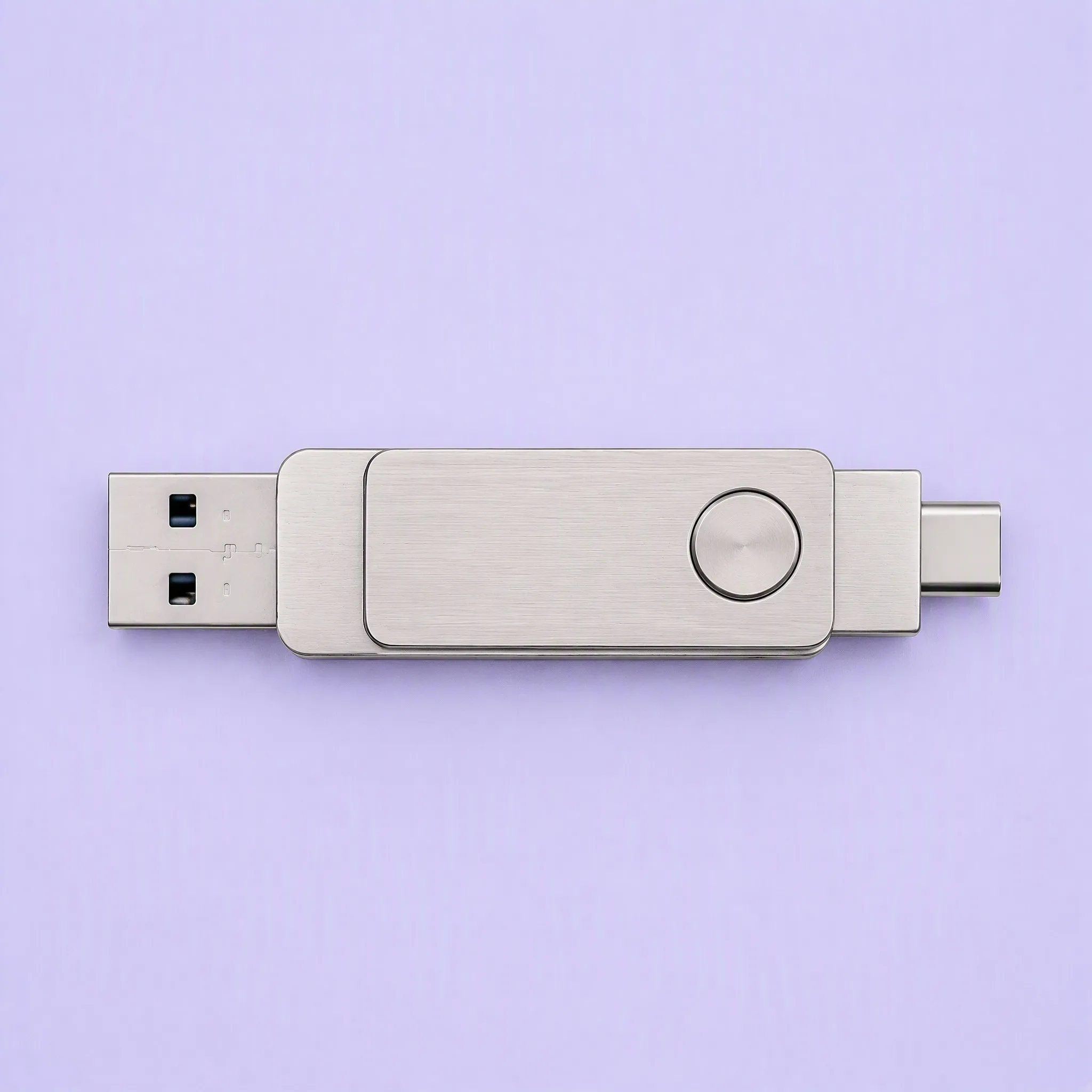 Top-Down Studio View of Dual USB-A and USB-C 360-Degree Swivel Metal Flash Drive on Lilac Surface
