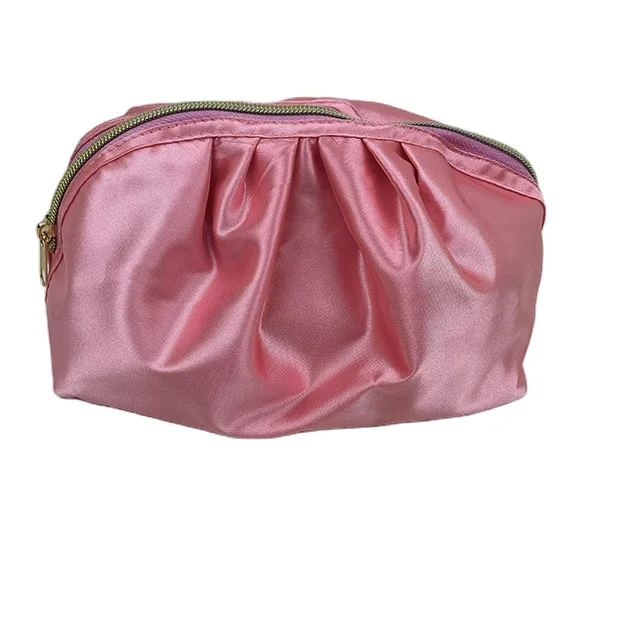 

Wholesale Hot Sale Fashion Promotional Pink Drawstring Satin Lined Fold Makeup Bag Pouch For Makeup