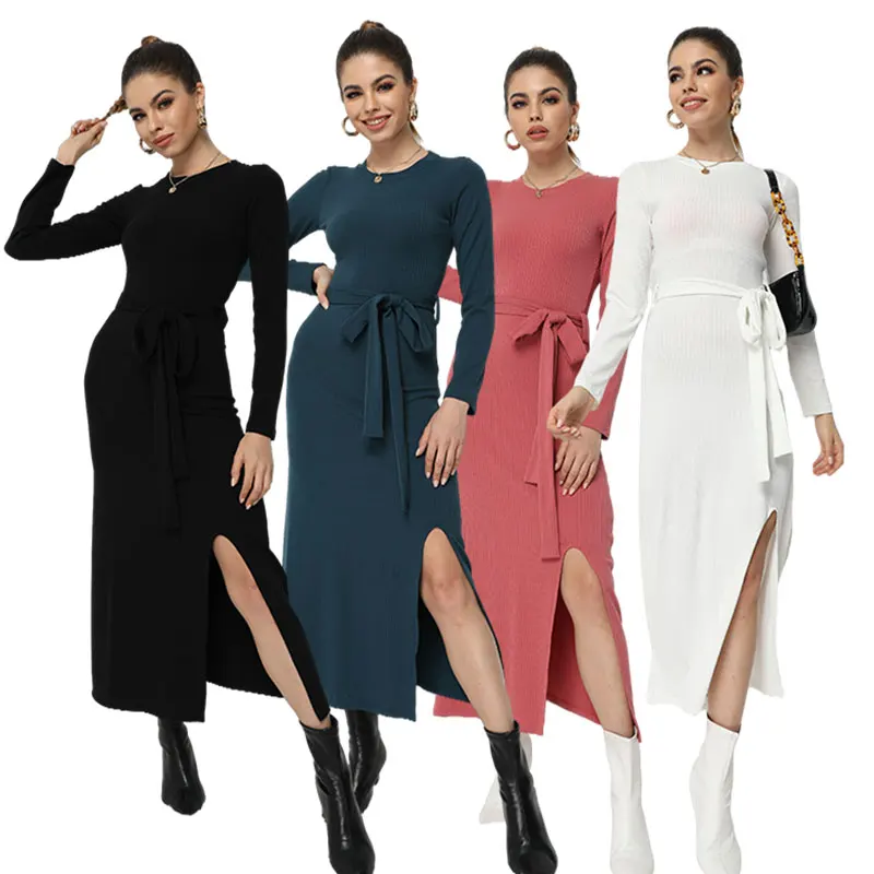 

solid color spring slim o-neck ladies infinity fall elegant casual sweater maxi bodycon dress knitting long sleeve for women, Customized color