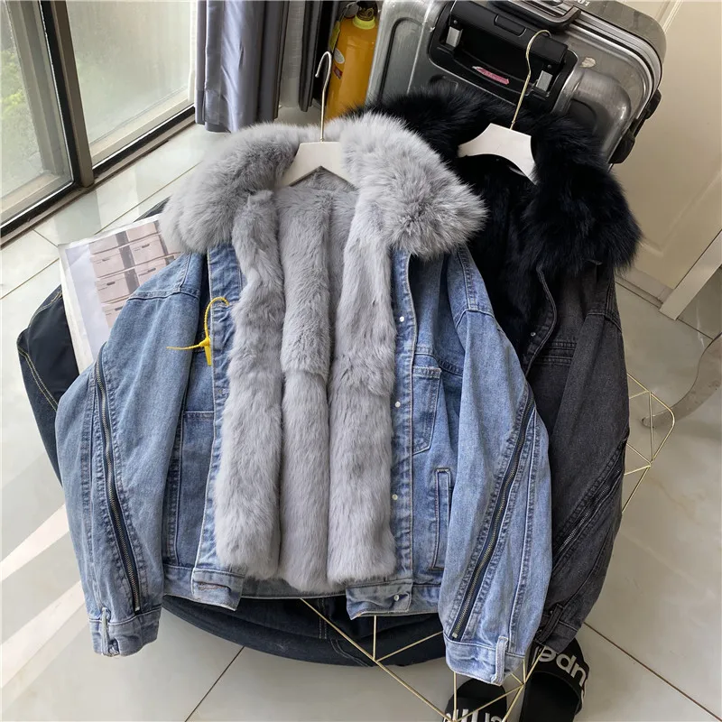 

2021New Women Thicken Coat Denim Jackets Plus Velvet Loose Large Fur Collar Short Coat Female Winter Fur Jean Jacket, Blue,black