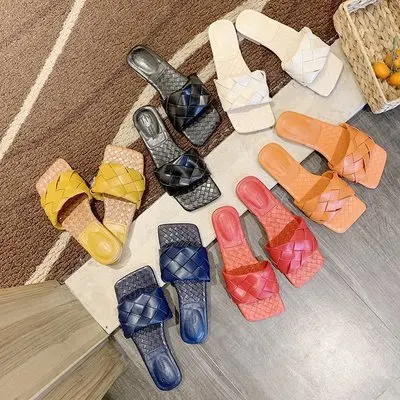 

New Slippers Weave Leather Women Sandal Open Toe Flat Casual Slides Beach Female Flip Flops, 6colors