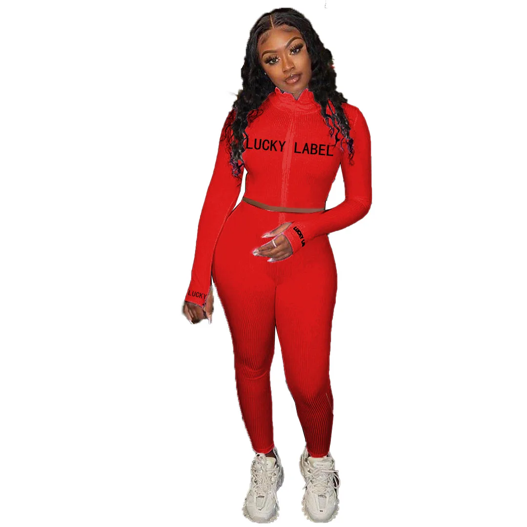 

womans fall 2 piece pants set summer lucky label red two piece sets women clothing 2022