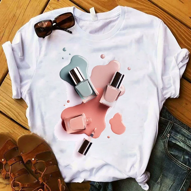 

2021 Ladies Fashion nail polish printing 3D T-shirt ladies summer loose T-shirt top, As pictures