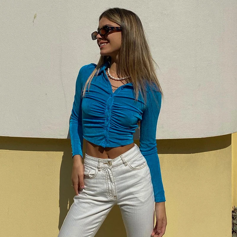 

Trendy New Single-breasted Turn Down Collar POLO Shirts Crop Tops Blouses For Women 2021, Picture