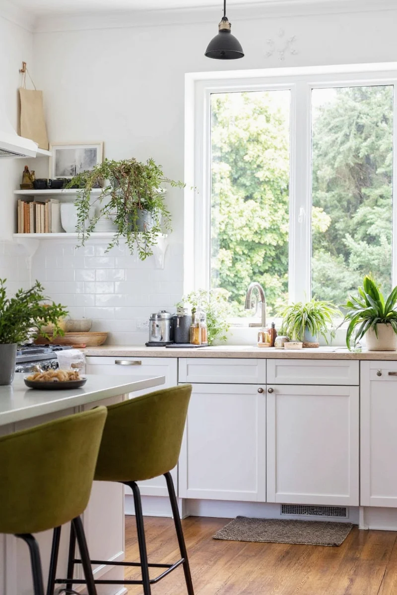 Kitchen with hanging plants and herb pots