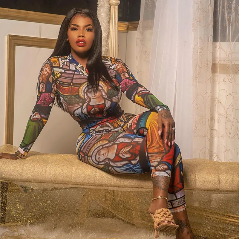 

Vintage printed one piece jumpsuit women long sleeve o neck fall bodycon romper female fashion club party wear active clothing, Colorful